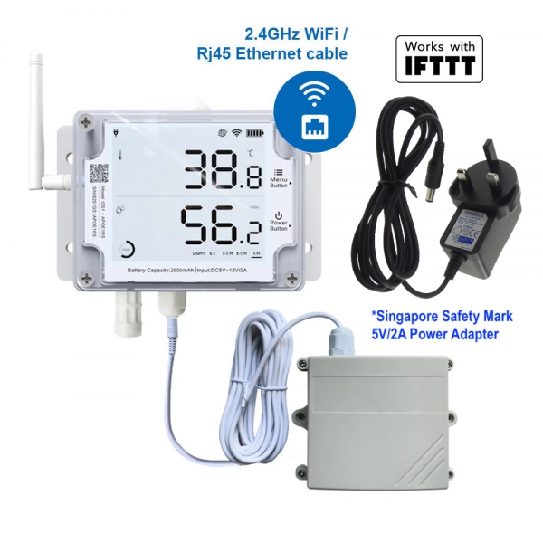 UbiBot GS1-AETH1RS Industrial-Grade WIFI RJ45 Temperature Humidity Light Data Logger w/ CO2 Probe + 5V/2A Power Adapter