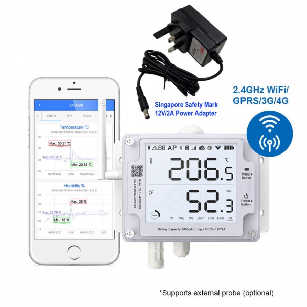 UbiBot GS1-AL4G1RS-S Industrial-Grade WIFI SIM Temperature Humidity Light Data Logger IoT System + 12V/2A Power Adapter