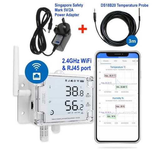 UbiBot GS1-AETH1RS-1DS Industrial-Grade WIFI Temperature Humidity Light Data Logger IoT System + DS18B20 & 5V/2A Power Adapter	