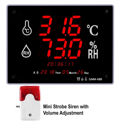 GMM-688 Wall Mount 3" LED Industrial Grade Thermo Hygrometer (400x300) with Mini Strobe Siren 